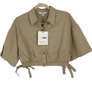 Billie the Label Imogene Crop Top Linen Blend Khaki Medium Collar Button Tencel